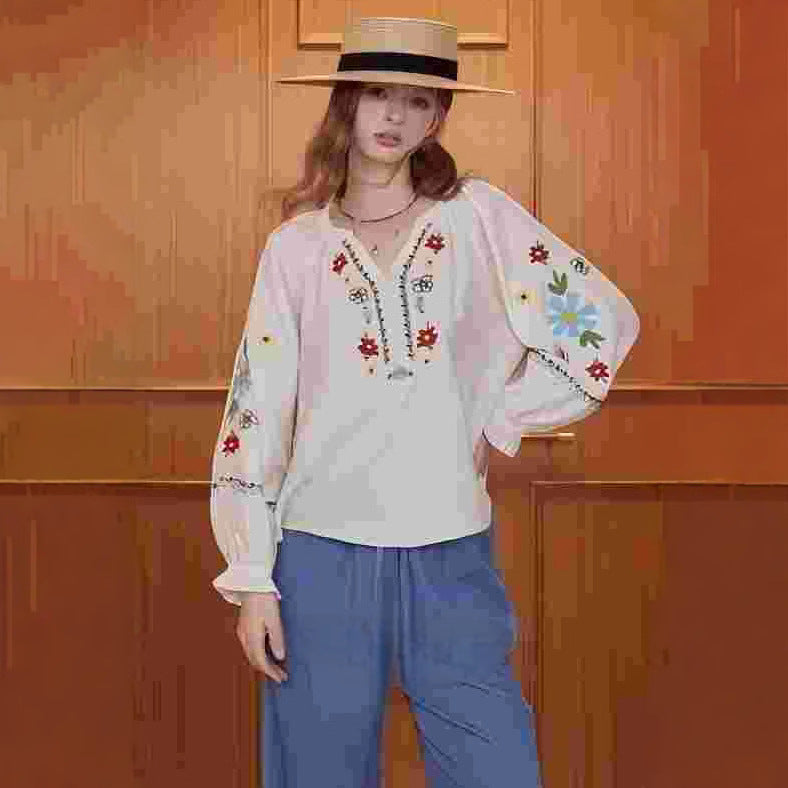 Bohemia V Neck Pullover Ebroidery Shirt for women