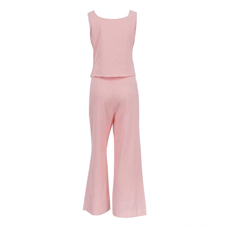 Pink Sexy Vest Casual Linen Pants Set