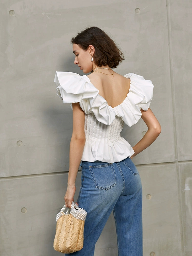Ruffled V-neck top with vacation style bubble sleeves fishbone waist cinching shirt