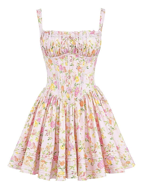 Countryside floral camisole dress with waist cinching slimming A-line dress