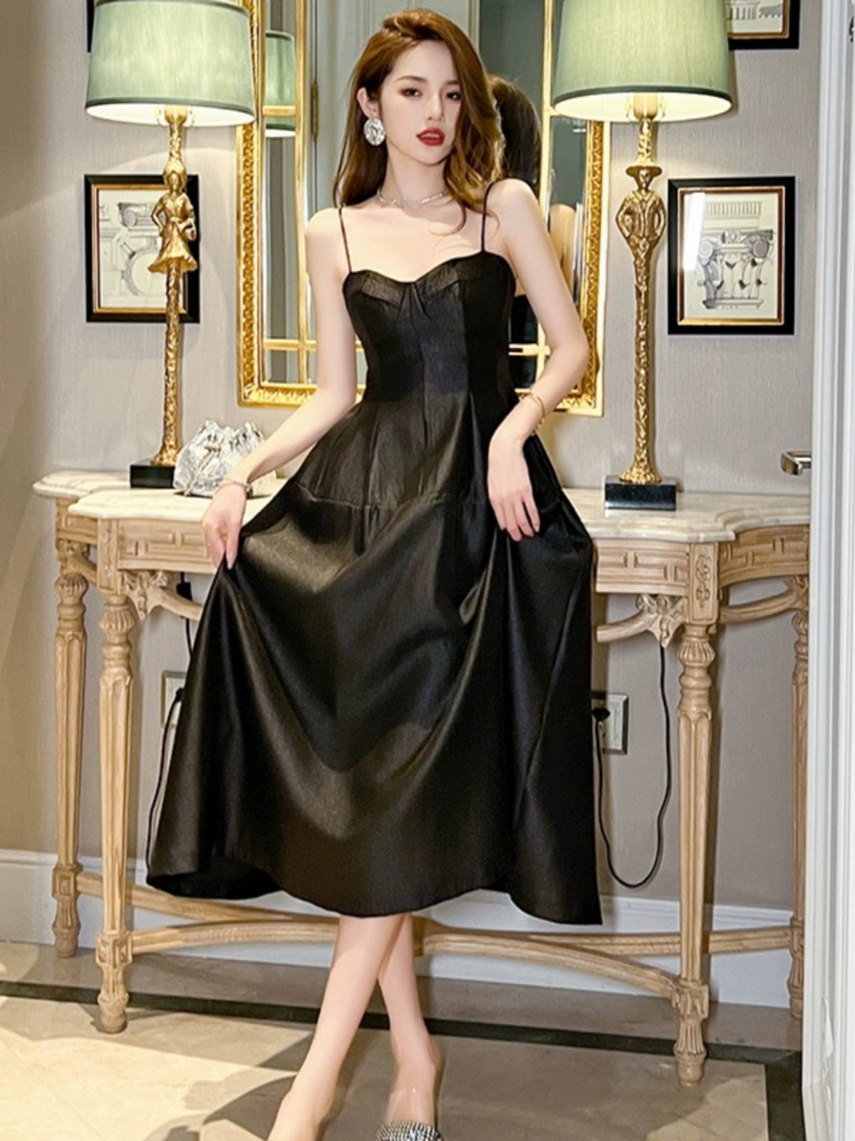 Summer black camisole dress for women's new high-end style Hepburn style waist cinching slimming maxi dresses