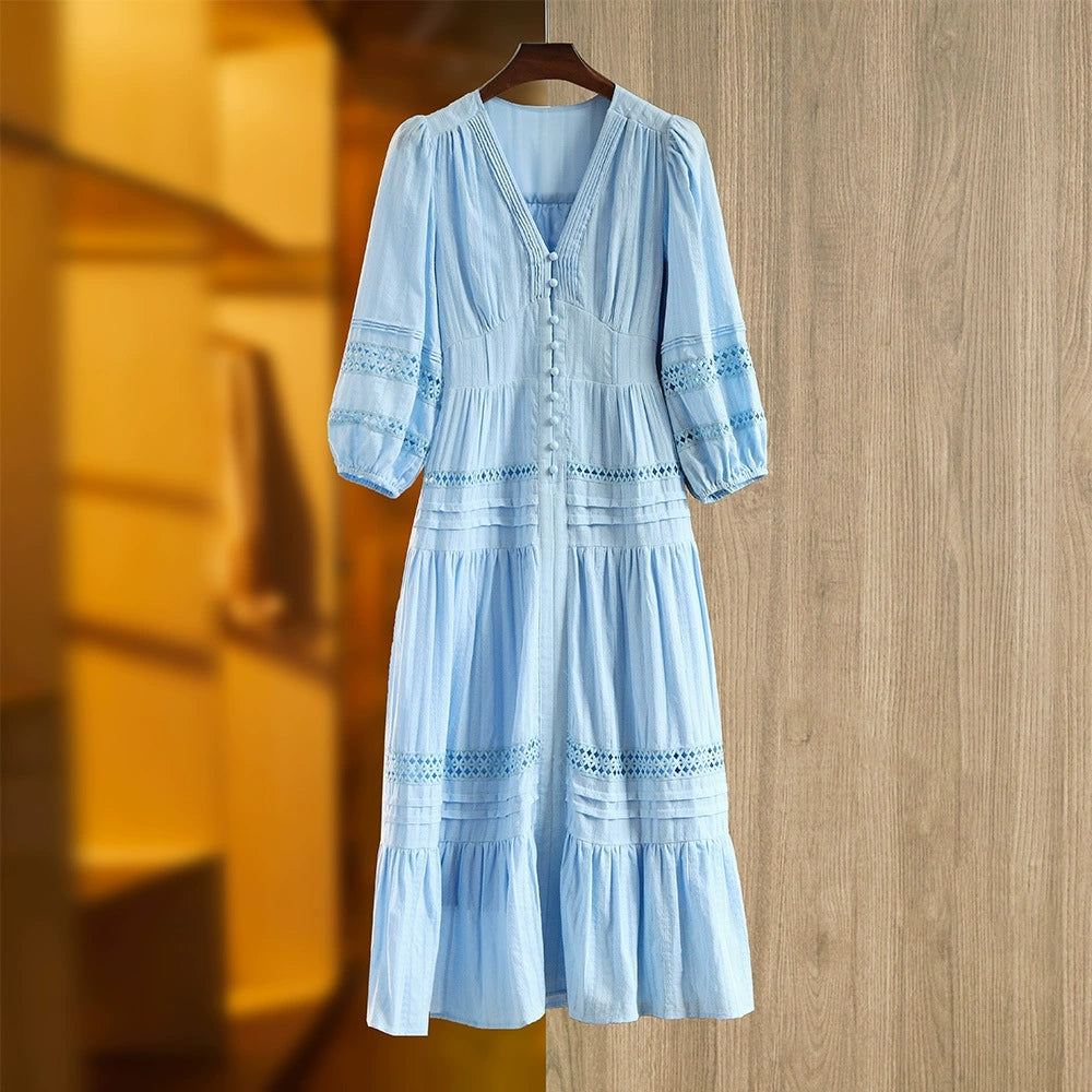 2025 French Holiday Style Bubble Half Sleeve Lace Lace Splicing Long Dress Cool Small V-neck Summer Dress