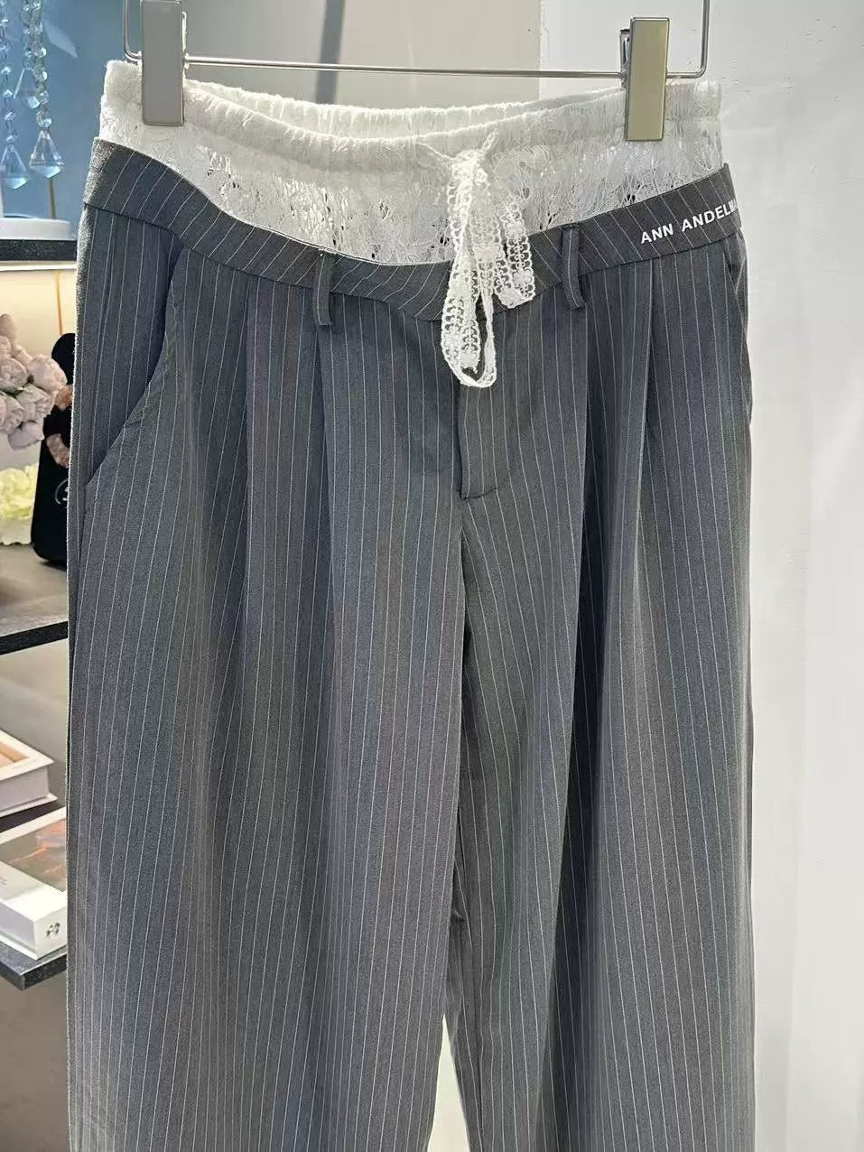 Retro lace patchwork double waisted straight leg pants