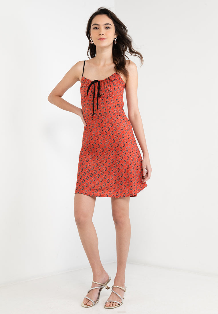 Tie Shoulder Printed Flare Mini Dress