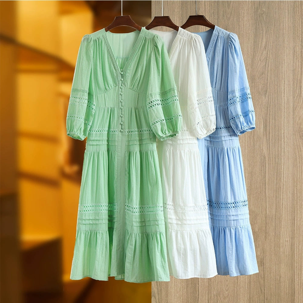 2025 French Holiday Style Bubble Half Sleeve Lace Lace Splicing Long Dress Cool Small V-neck Summer Dress