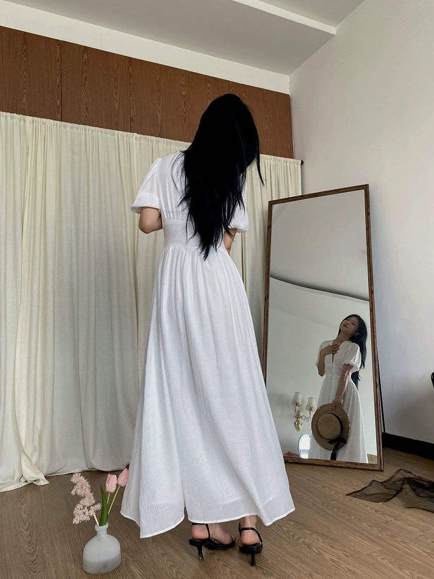 Ins style elegant dress with V-neck slit bubble sleeves for slimming desig simple long skirt