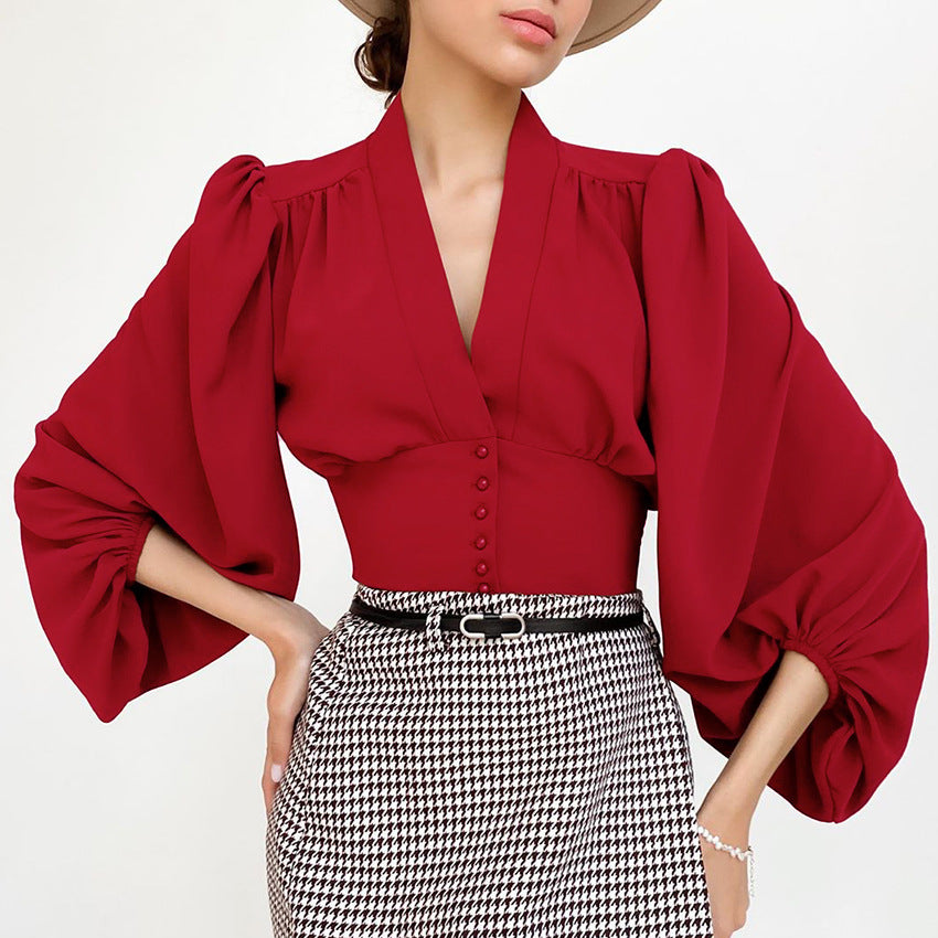 V-neck Lantern Sleeve Court style Shirt