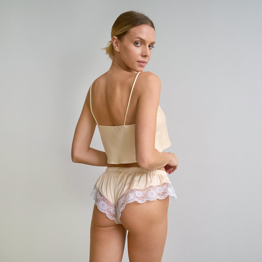 Beige V-neck Top Shorts Thin Style Cotton Linen Women's Pajamas