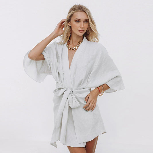 Comfortable All Cotton Imitated Linen Seven Cent Sleeve Ladies Robe