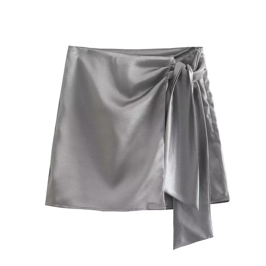 Draped Silver Satin Mini Skirt