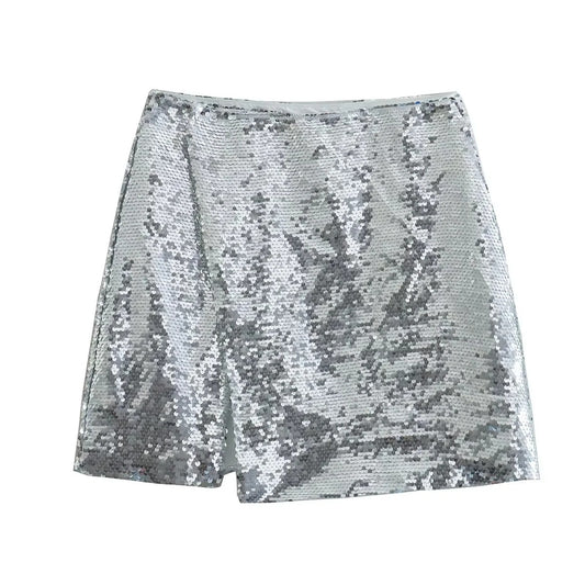 Silver Sequin Mini Skirt with Slit