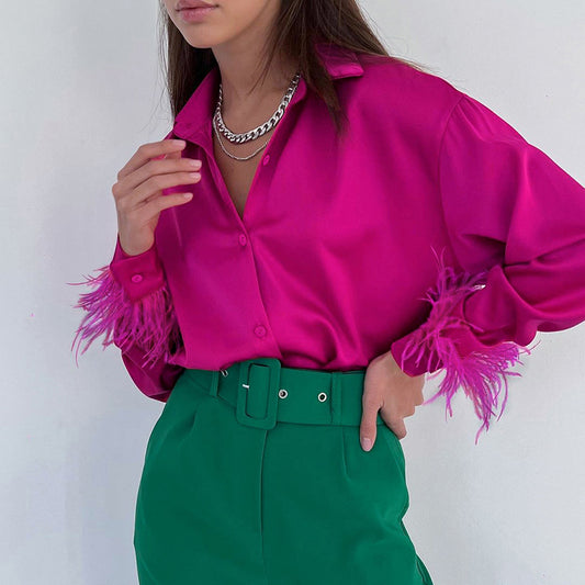 Lapel Collar Feather  Blouses Shirt Casual Silk Satin Feather Women  Shirts