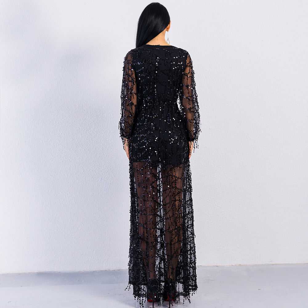 Sequin Tassel Champagne Evening Dress