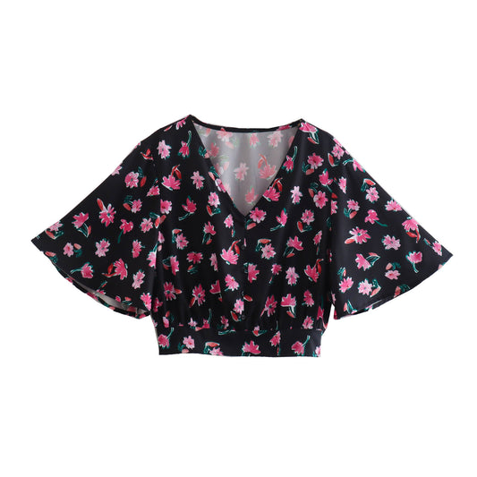 V Neck Flare Sleeve Printed Top