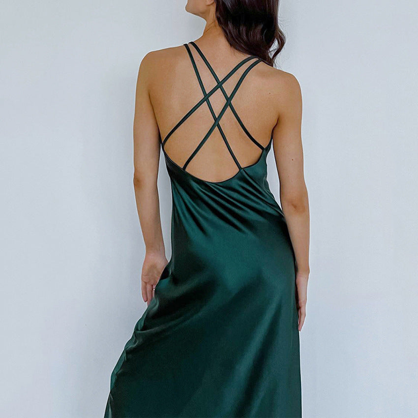 Satin V-neck Sexy Fashion Backless Dress