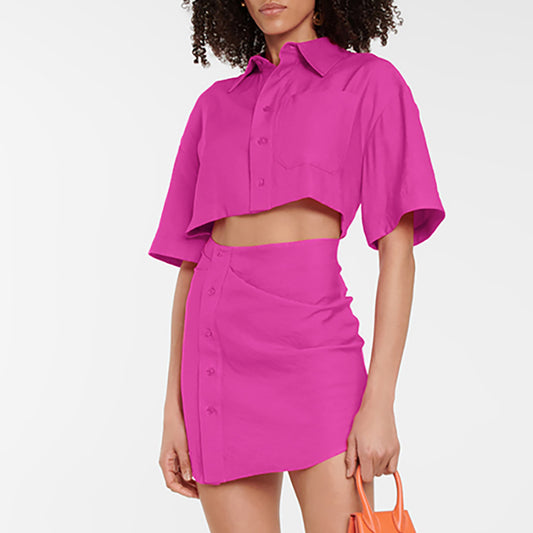Pink Hollowed-out Midi Shirt Dress