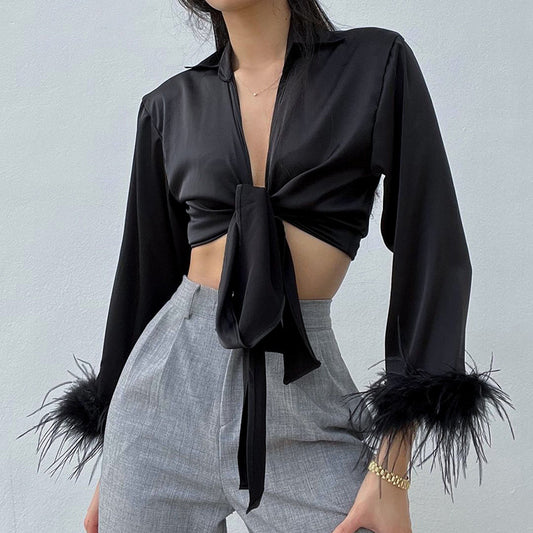 Long Sleeve Slim Club Thin Lace Up Lapel Spring Blouse  Satin  Feather Crop Top