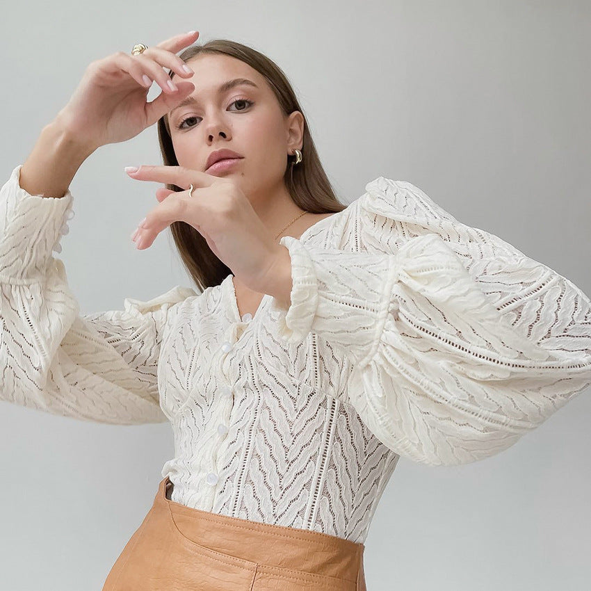 V-neck Puff Sleeve Shirt Lace Lantern Sleeve style C asual shirt