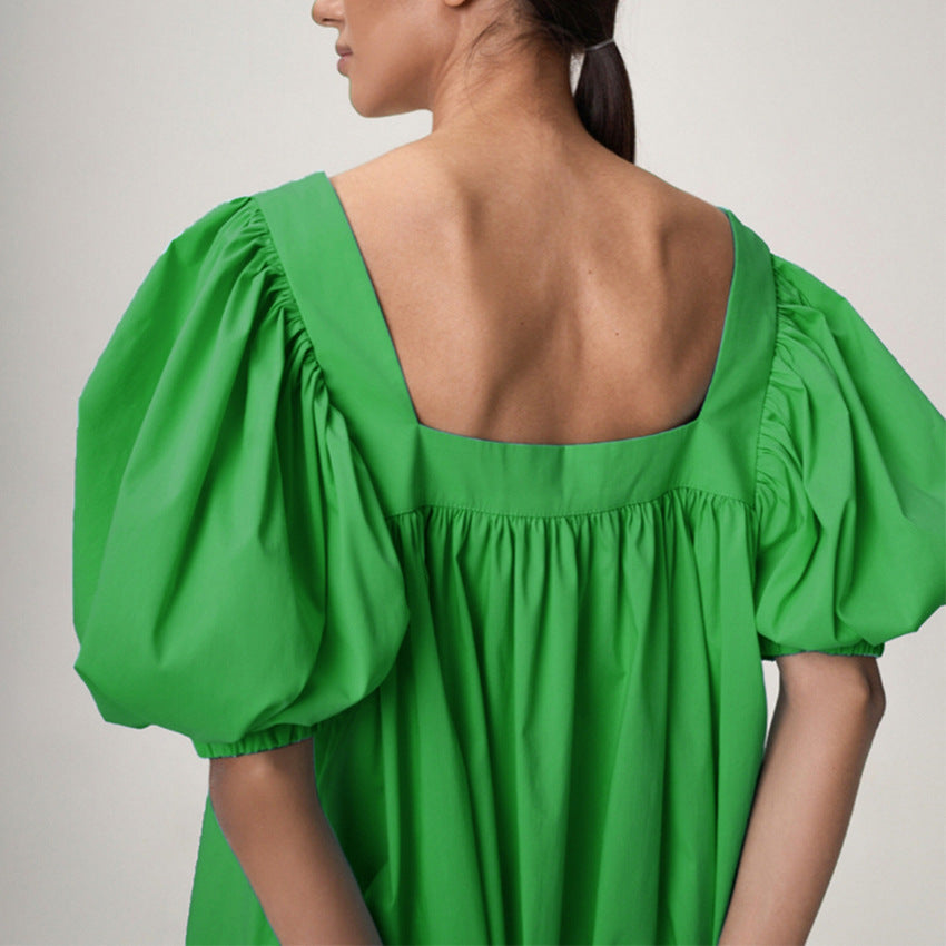 Square Collar Bubble Sleeve Commuter Dress