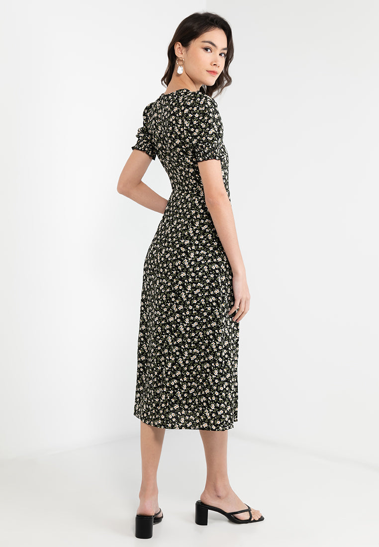 Puff Sleeve Midi Dress with Thigh Slit