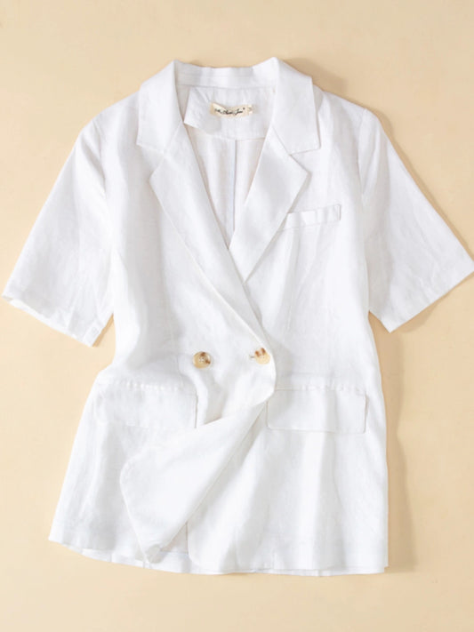 Pure linen short sleeved suit for women's summer casual beige one button summer cotton linen suit