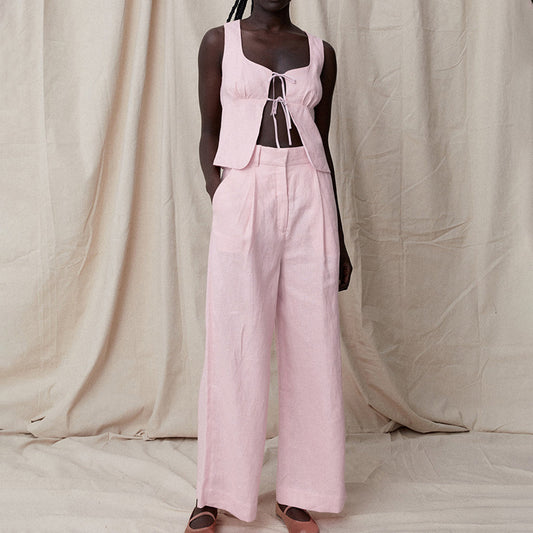 Pink Sexy Vest Casual Linen Pants Set