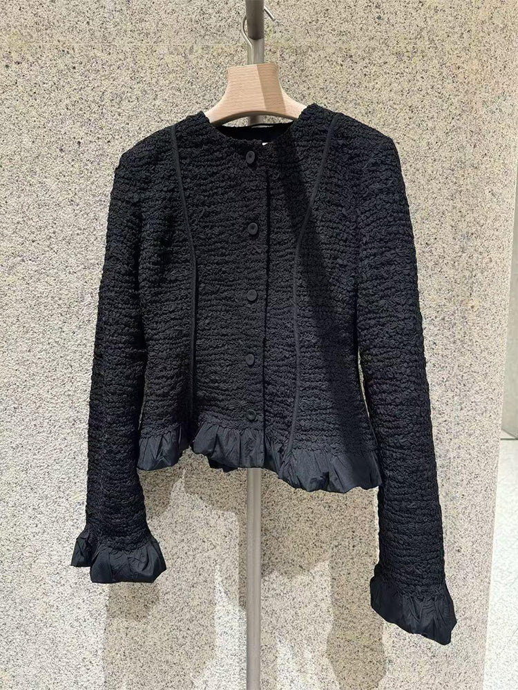 Button Down Tweed Sweater Ruffle Jacket