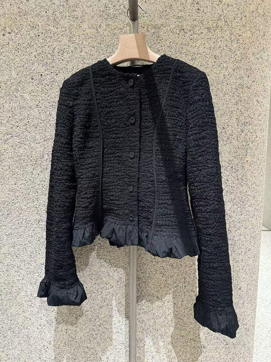 Button Down Tweed Sweater Ruffle Jacket