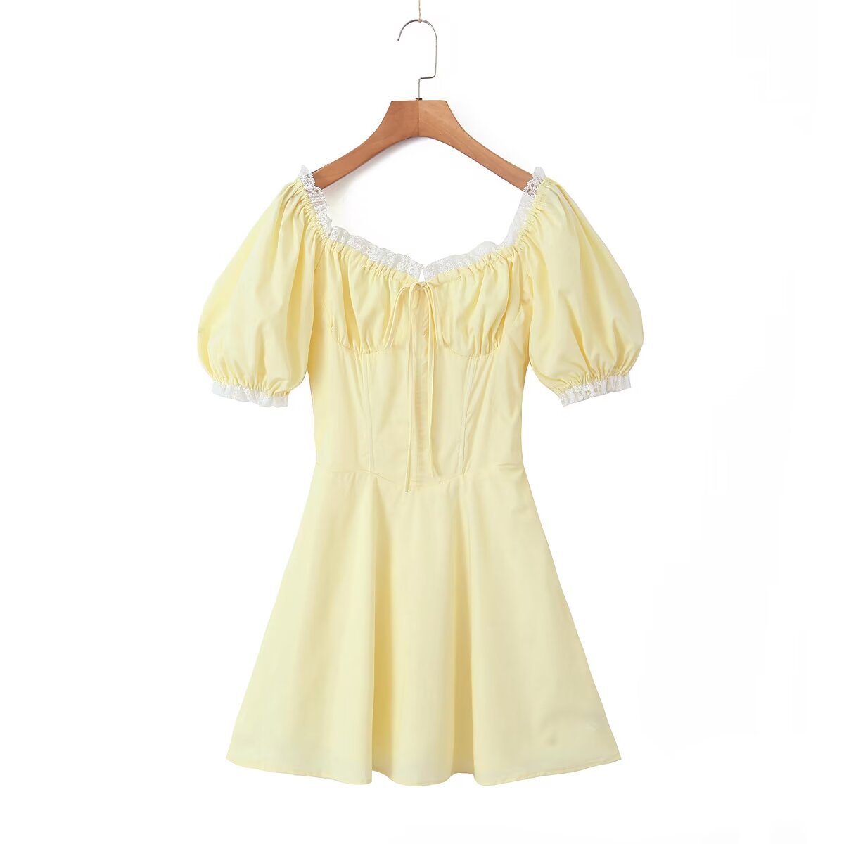 Yellow Lace Dress with Puff Sleeves