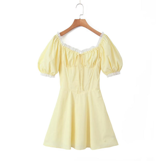 Yellow Lace Dress with Puff Sleeves