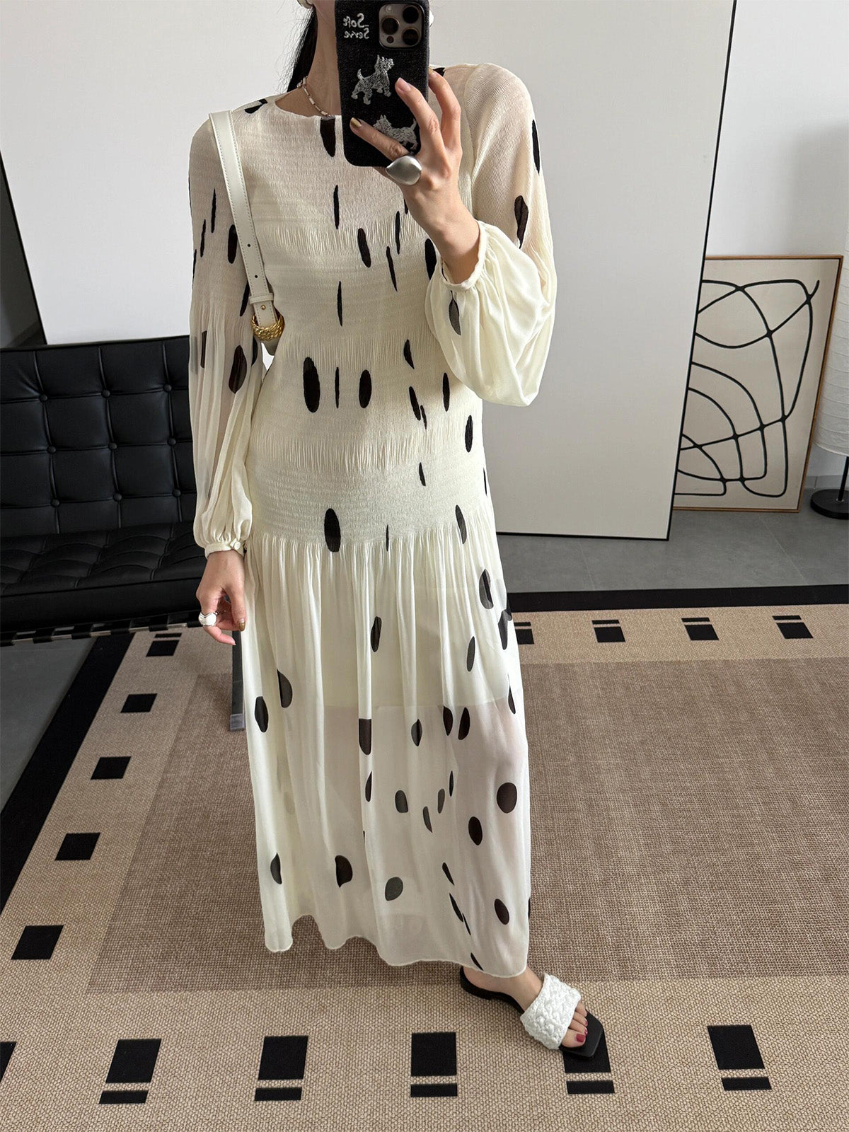 Elegant  Polka Dot Pleated Dress for Office Lady