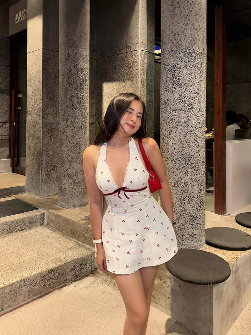 Halter Neck Backless Cherry Dress