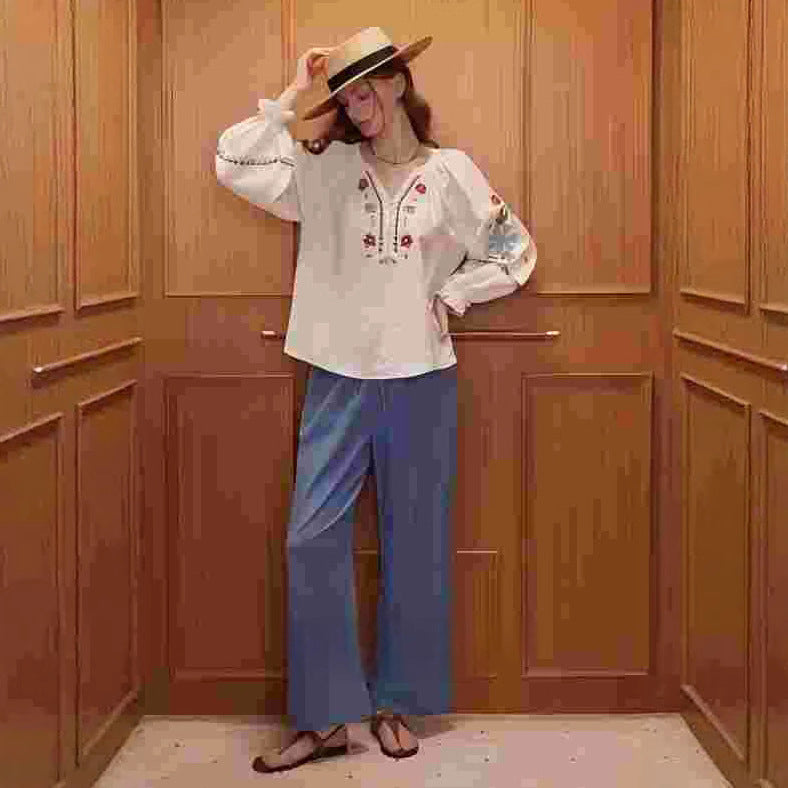 Bohemia V Neck Pullover Ebroidery Shirt for women