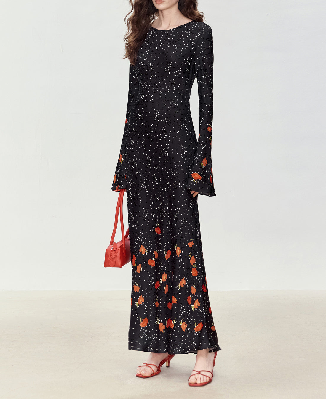 Party Floral Printed Long Dress with Flare Sleeves