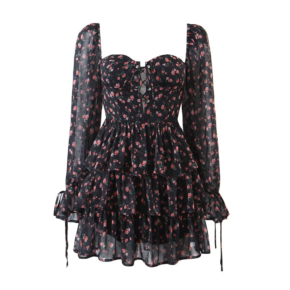 Chifon Long Sleeve Floral Corset Dress