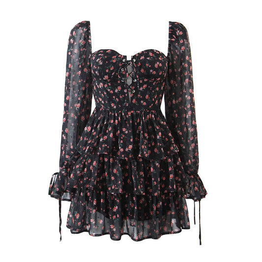 Chifon Long Sleeve Floral Corset Dress