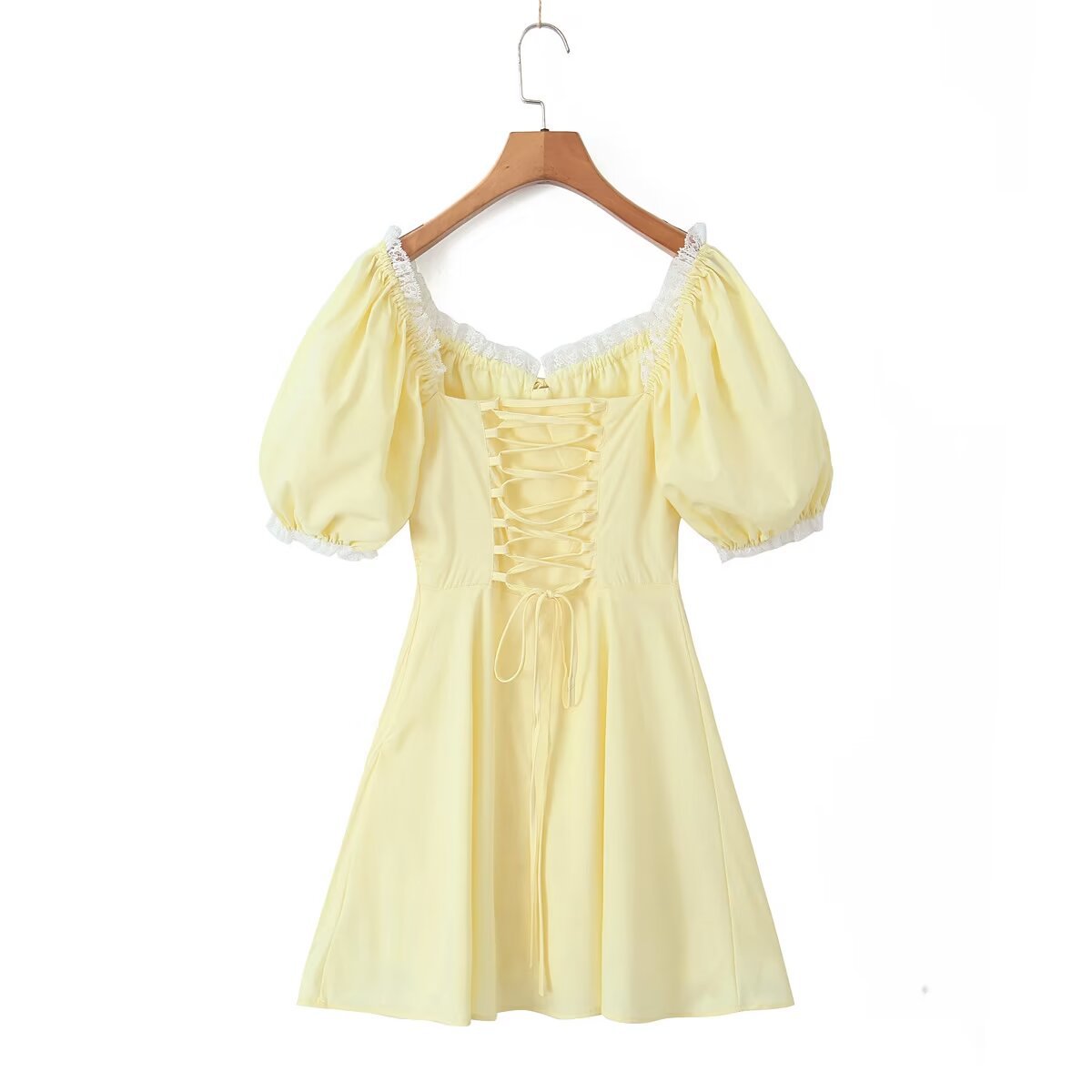 Yellow Lace Dress with Puff Sleeves