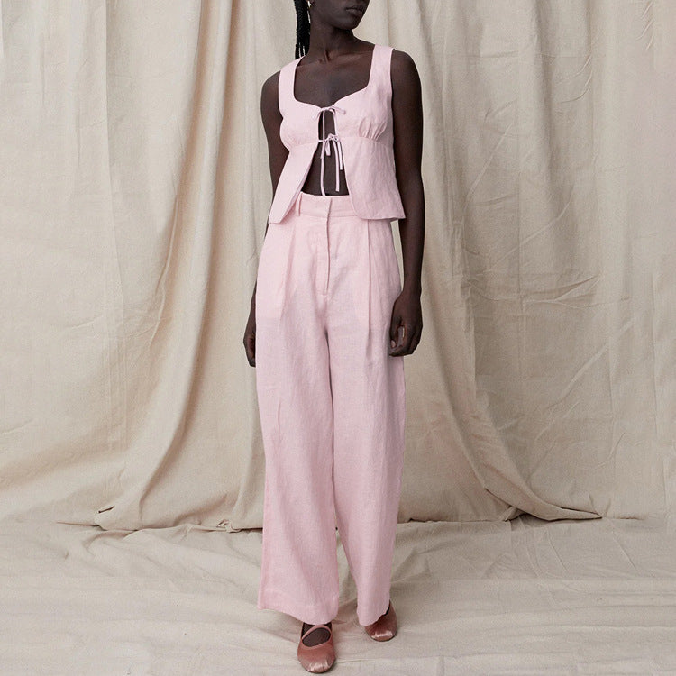Pink Sexy Vest Casual Linen Pants Set