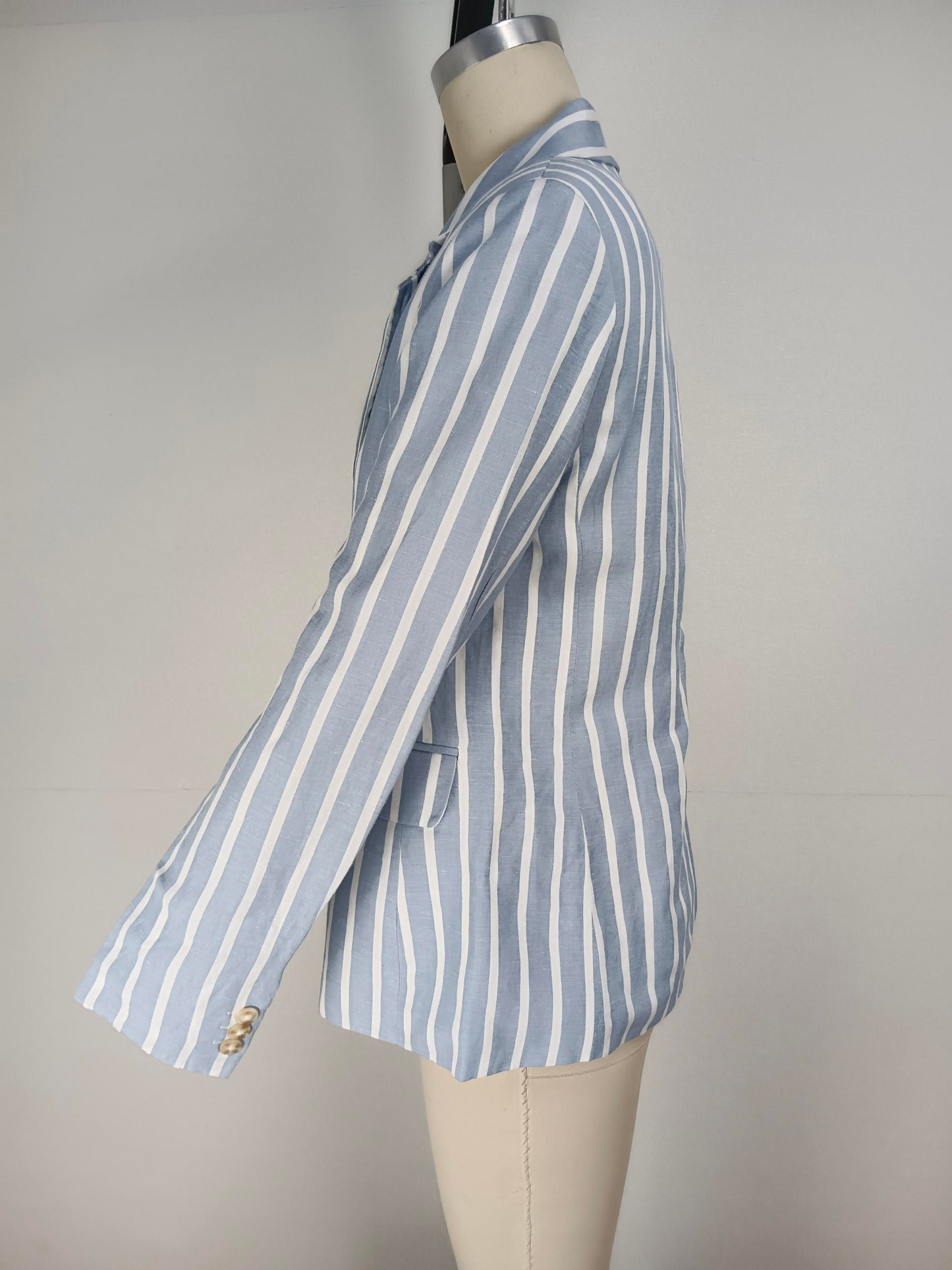 V neck striped solid color long sleeved cotton and linen women's suit