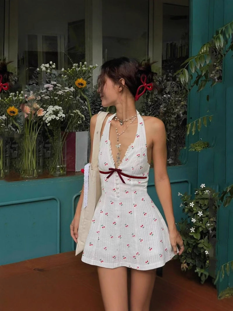 Halter Neck Backless Cherry Dress