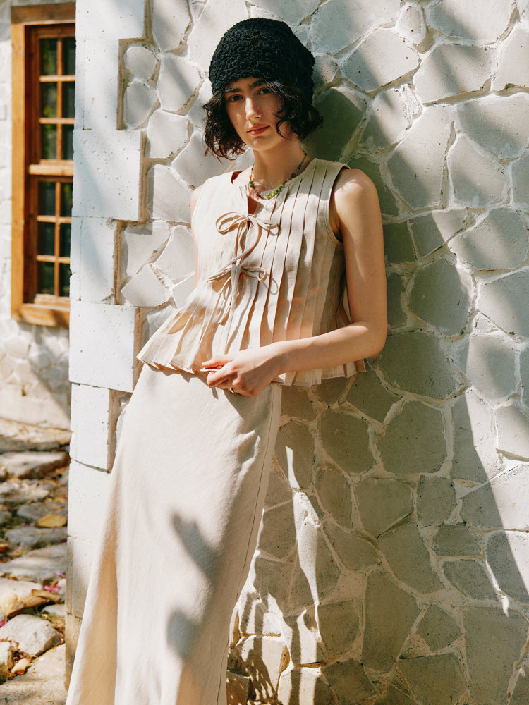 Elegant Vest 100% Linen Skirt Set