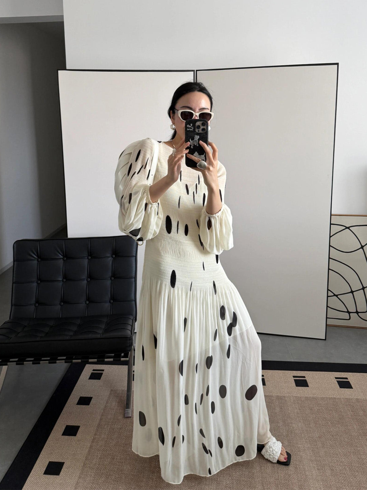 Elegant  Polka Dot Pleated Dress for Office Lady