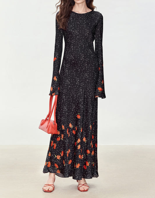 Party Floral Printed Long Dress with Flare Sleeves