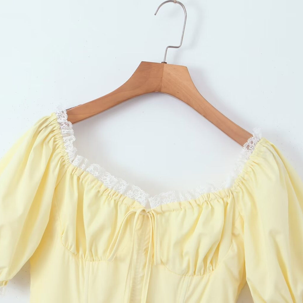 Yellow Lace Dress with Puff Sleeves