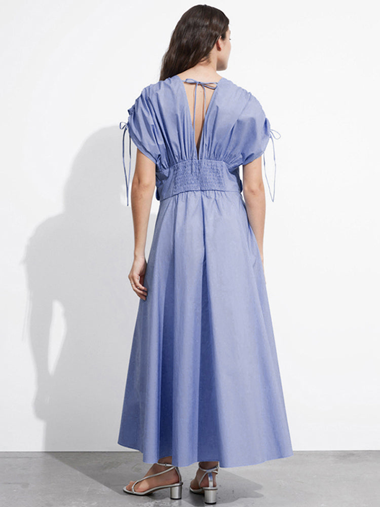 Deep V Neck Batwing Sleeves Flower Dress