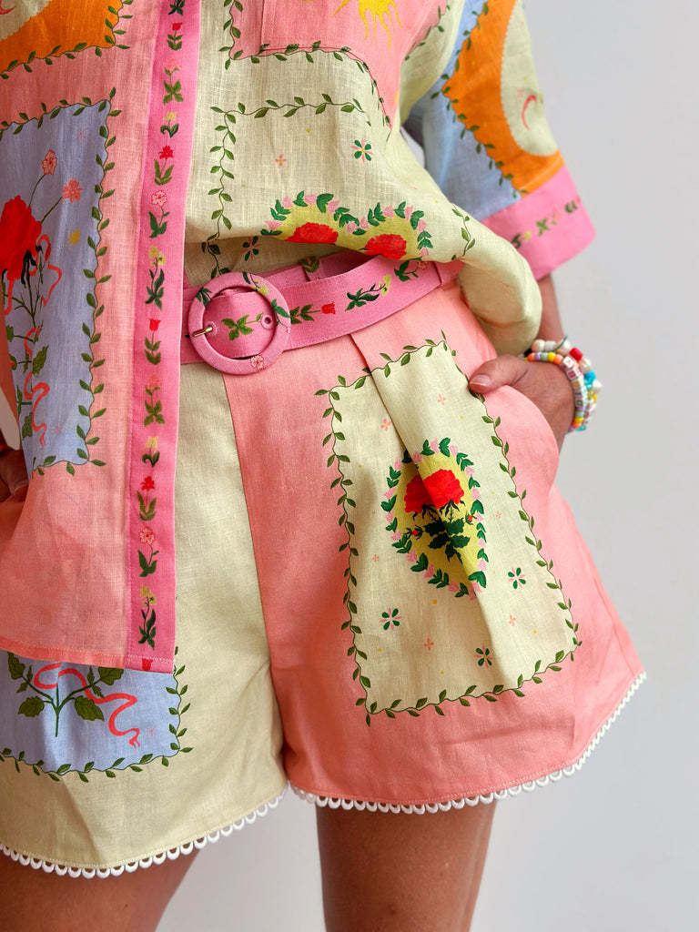 Casual Floral Print Shirt Linen Short Set