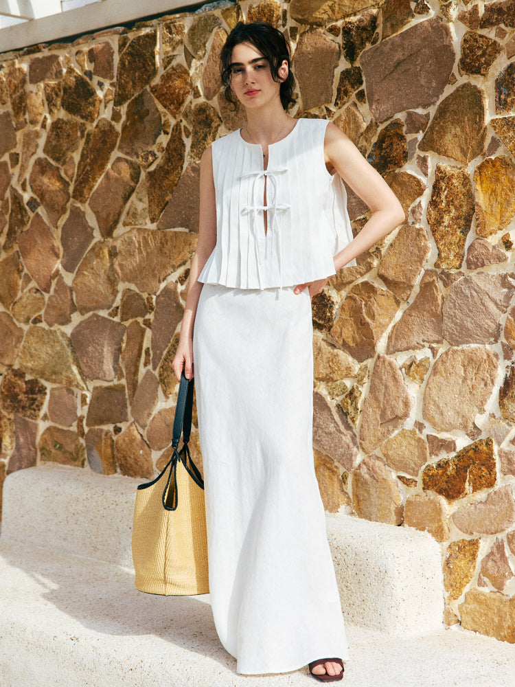Elegant Vest 100% Linen Skirt Set