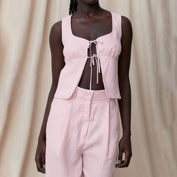 Pink Sexy Vest Casual Linen Pants Set