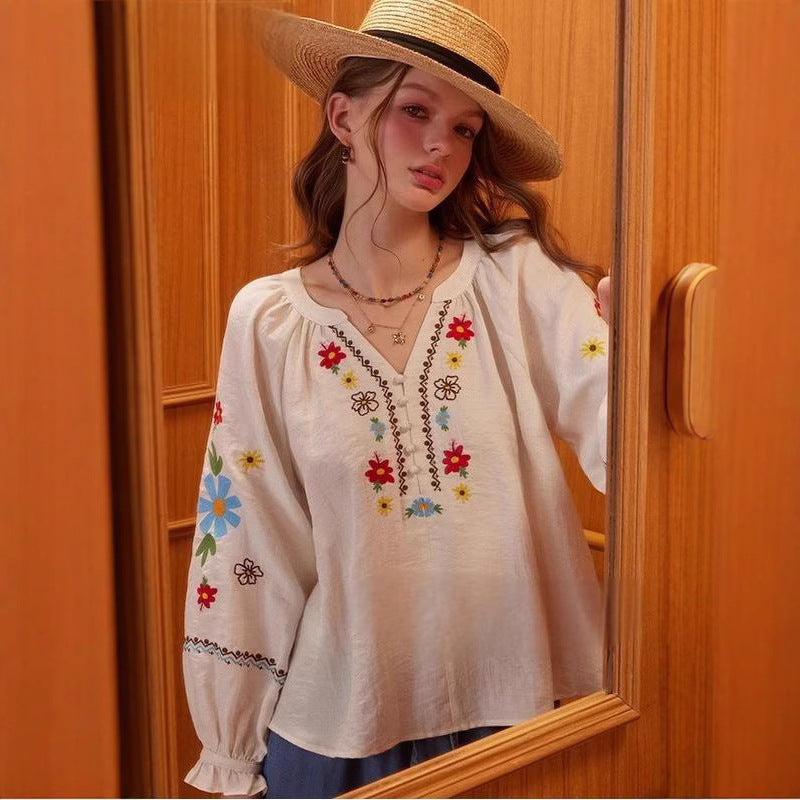Bohemia V Neck Pullover Ebroidery Shirt for women