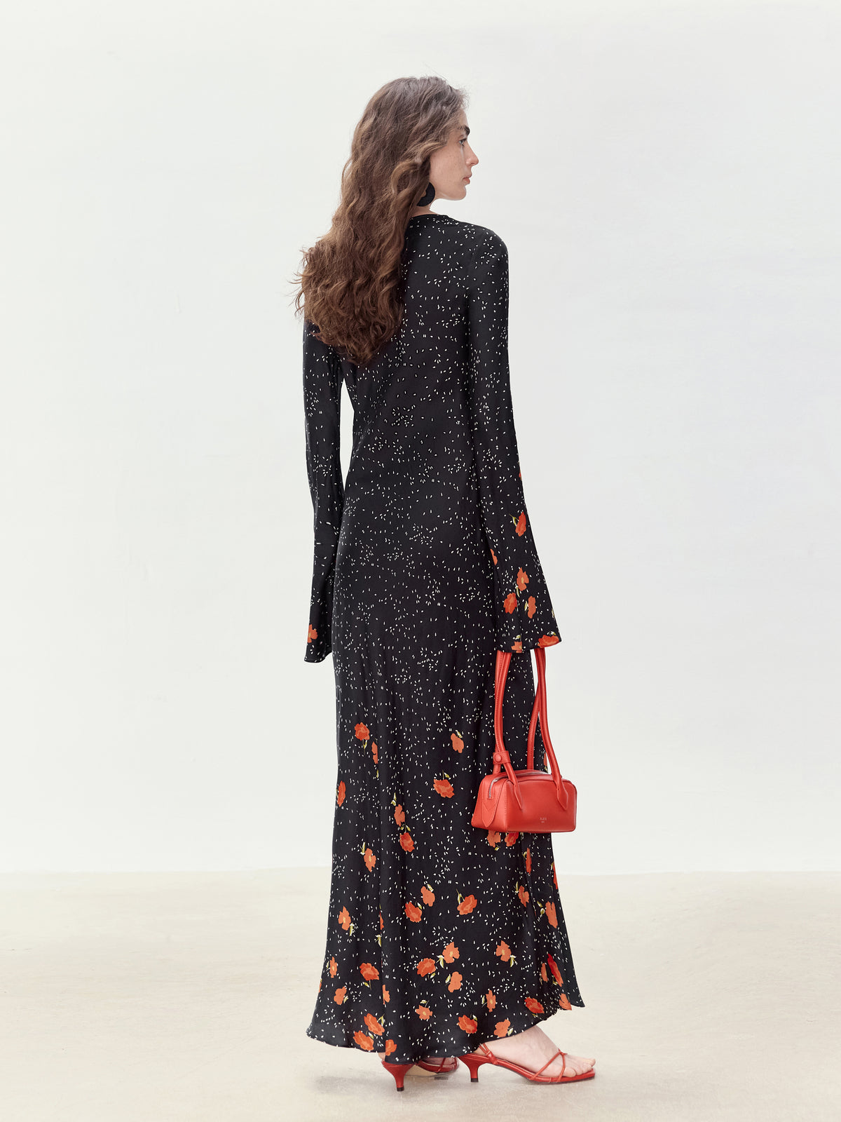 Party Floral Printed Long Dress with Flare Sleeves